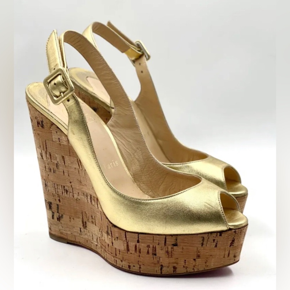 CHRISTIAN LOUBOUTIN Une Plume Sling 140 Cork Wedge Size 7
